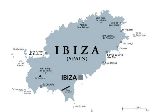 Vector illustration of Ibiza, gray political map, part of the Balearic Islands, Spain
