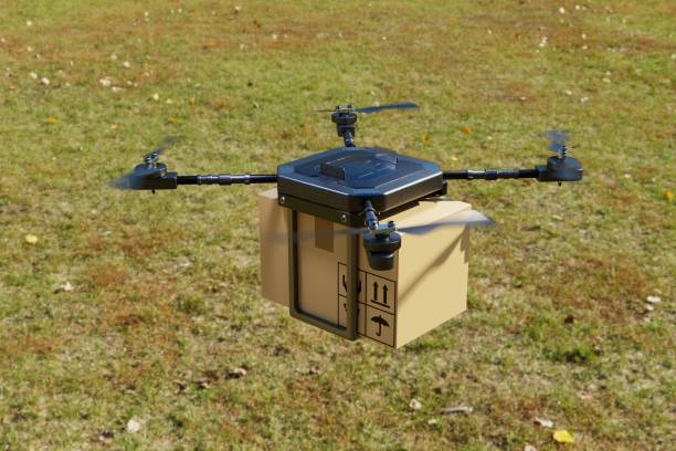 delivery flying air drone in farm house. business technology transportation and agriculture concept. online shopping and service for customer house. 3d illustration rendering - grass area field air sky imagens e fotografias de stock