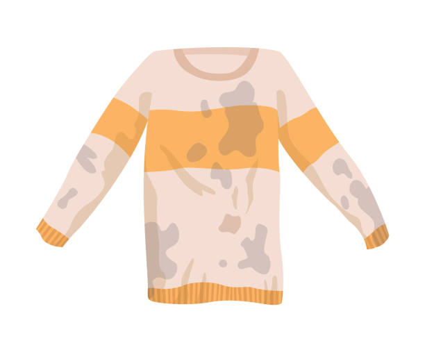 istock Dirty clothes. Grease stained tshirt. Laundry mud stains on garments. Uncleanliness t-shirt. Symbol of mess. Apparel with stains 1345645759