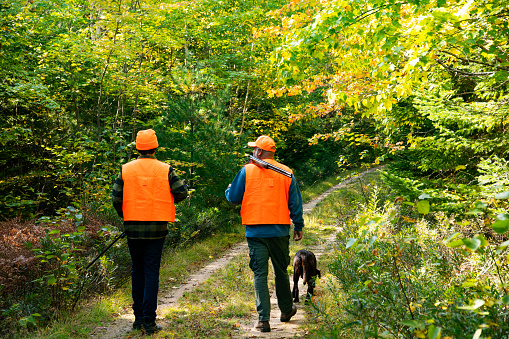 A father and son hunting in the fall.