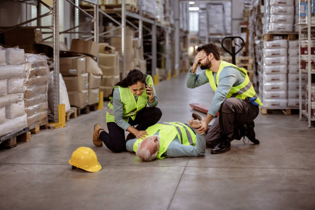 istock Warehouse Workers After an Accident in a Warehouse 1345651250