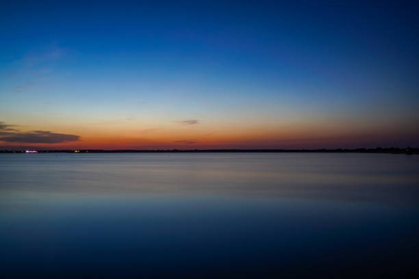 View of a large lake with set sun.