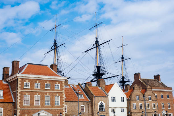 Hartlepool town, County Durham, England Hartlepool, England - September, 09 2021: Front facade of The National Museum of the Royal Navy, Hartlepool, with the masts of HMS Trincomalee rising behind. hartlepool photos stock pictures, royalty-free photos & images