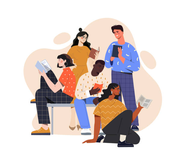 함께 책을 읽는 젊은이들 - learning teenager multi ethnic group variation stock illustrations