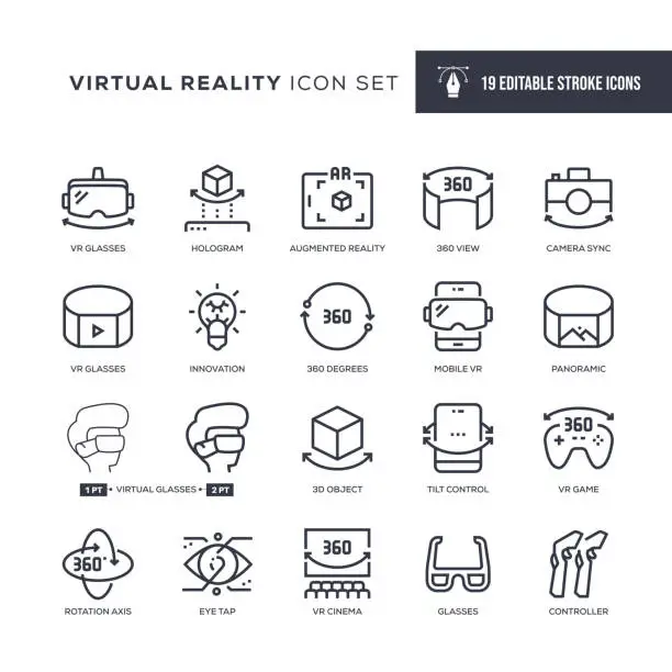 Vector illustration of Virtual Reality Editable Stroke Line Icons
