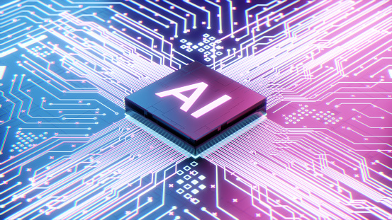 AI microprocessor on motherboard computer circuit, Artificial intelligence integrated inside Central Processors Unit or CPU chip, 3d rendering futuristic digital data technology concept background