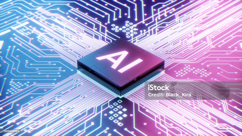 AI microprocessor on motherboard computer circuit AI microprocessor on motherboard computer circuit, Artificial intelligence integrated inside Central Processors Unit or CPU chip, 3d rendering futuristic digital data technology concept background Artificial Intelligence Stock Photo