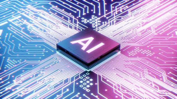 AI microprocessor on motherboard computer circuit AI microprocessor on motherboard computer circuit, Artificial intelligence integrated inside Central Processors Unit or CPU chip, 3d rendering futuristic digital data technology concept background deep learning stock pictures, royalty-free photos & images