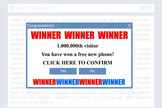 Vector illustration of Winner pop up window - malicious ad