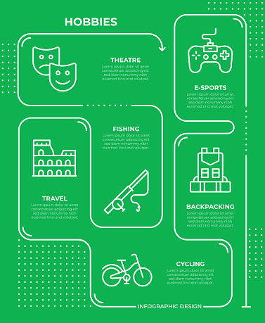 Hobbies Six Steps Infographic Design Template with editable stroke thin line icons