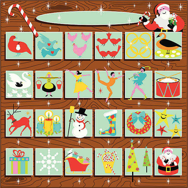 рождественский календарь и 12 дней рождества - the twelve days of christmas christmas advent calendar calendar stock illustrations