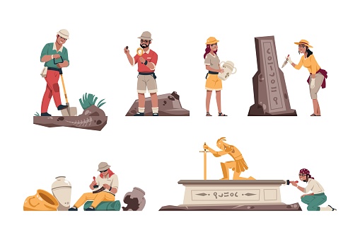 Cartoon archeology. Paleontologist characters with archeological tools. Geologists working in field. People dig up ancient skeletons and discoveries, Vector isolated explorers search antiquities set
