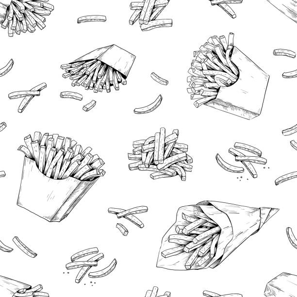 French fries pattern. Hand drawn seamless texture for fast food menu with potato dips. Black and white unhealthy delicious snacks background template. Vector junk meal sketch print French fries pattern. Hand drawn seamless texture for fast food menu with fried potato dips. Black and white unhealthy delicious snacks graphic background template. Vector junk meal sketch print french fries stock illustrations