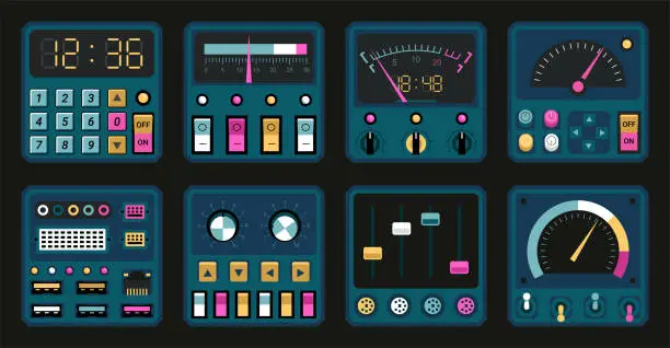Vector illustration of Control panels. Retro PC and radio dashboard with switches and buttons. Connection ports, tuners and dials. Computer interface templates. Electric device UI elements. Vector boards set