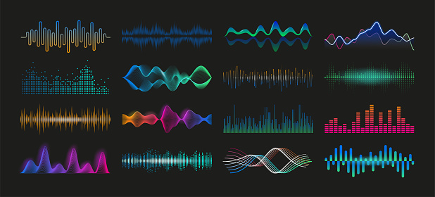 Soundwave. Audio spectrum waveform. Sound frequency and music pulse colorful graphic effect. Volume and radio digital signal equalizer template. Vector soundtrack recorder dynamic level elements set