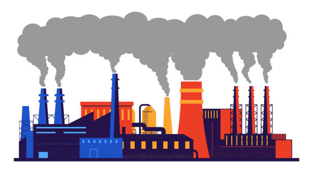 fabrikverschmutzung. kohlendioxid und rauchemissionen aus industrierohren. erwärmung und umweltverschmutzung mit giftigen chemikalien. isolierte anlagengebäude. vektor stadtbild - industriehalle stock-grafiken, -clipart, -cartoons und -symbole
