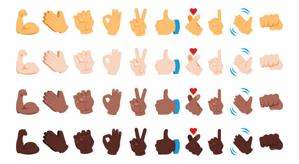 Diverse hand emoji. Various skin color gestures. Black yellow and white thumb up signs. Waving and praying arms emoticons. Peace or OK palm icons. Vector messenger chatting symbols set Diverse hand emoji. Various skin color social gestures. Black yellow and white thumb up signs. Waving and praying arms emoticons. Peace or OK palm icons. Vector isolated messenger chatting symbols set hand ok sign stock illustrations