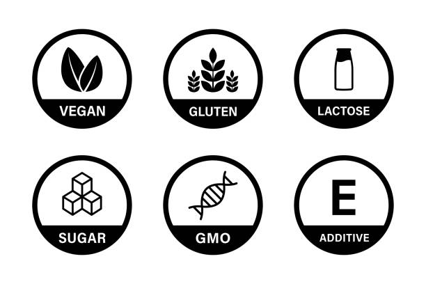 Product nutrition signs collection. Gluten, vegan, sugar, gmo, lacotose organic sign. Allergy product symbol collection. Stock vector Product nutrition signs collection. Gluten, vegan, sugar, gmo, lacotose organic sign. Allergy product symbol collection. Stock vector. EPS 10 gluten free stock illustrations