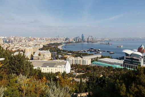 Baku, Azerbaijan - November 13, 2019: Panoramic view of the Caspian Sea and Baku city. Baku Panoramic View
