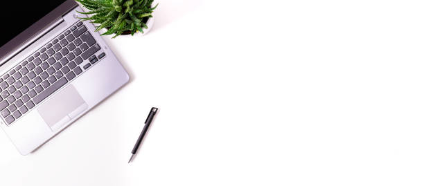 istock Elegant office desktop with business accessories and copyspace. Top view 1345671510