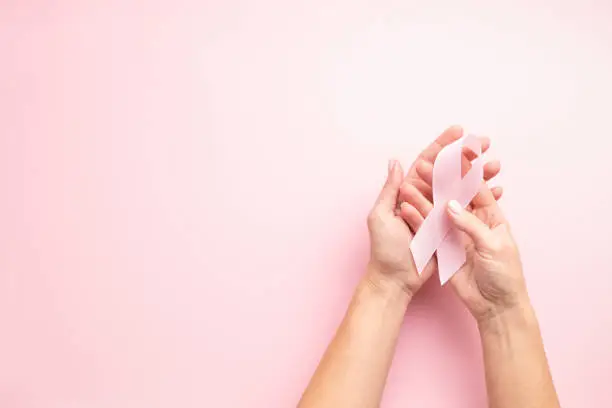 World Breast Cancer Awareness Month card with female's hands and pink ribbon..