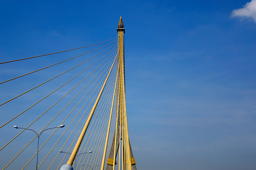 Close up cable-stayed bridge, Rama VIII Bridge, in Bangkok, Thailand