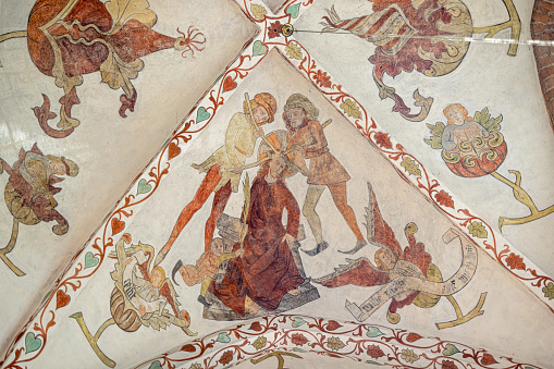 Freshly restored frescos in a church ceiling in Sankt Mariæ Kirke – The Church of Our Lady – is part of a former Carmelite Priory and the church is from 1430. Today it is a normal Danish church.