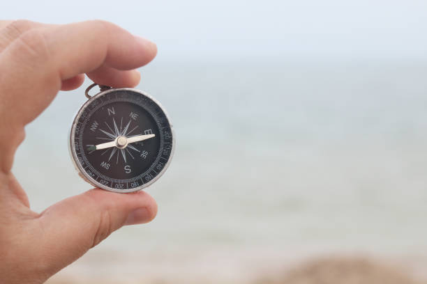 istock classic navigation compass in hand in summer against background of sandy beach 1345674501