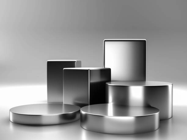 istock silver color podium with  minimal style .Use for cosmetic or products presentations. 3D rendering 1345678031