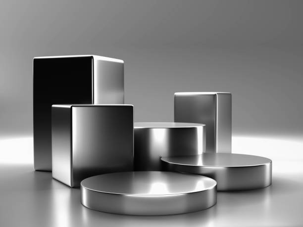 istock silver color podium with  minimal style .Use for cosmetic or products presentations. 3D rendering 1345678057