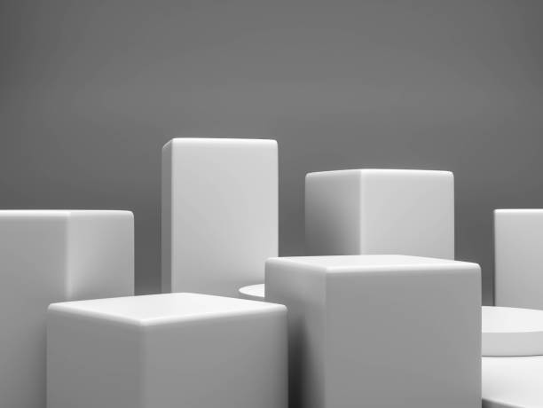 istock Square podium white color 3D background with pedestal on one floors Curved wall 1345678063
