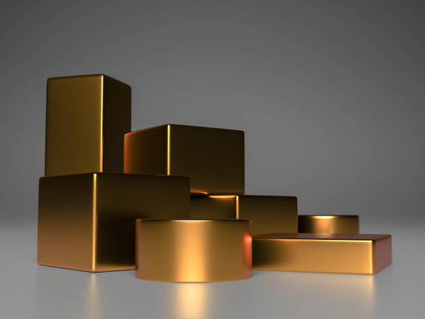 istock Golden podium with concept product shelf standing 3D rendering 1345678070
