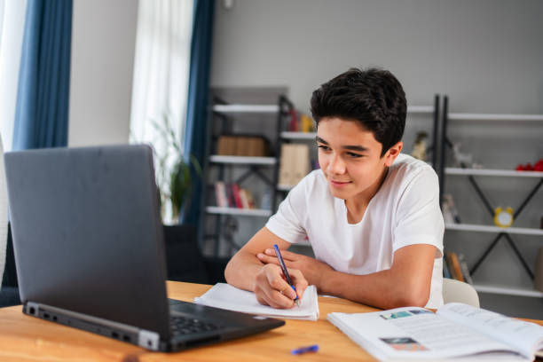 Teenage boy with laptop having online school class at home stock photo
