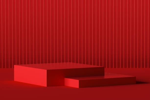 istock 3d platform on red background. Podium for performance or presentation. Empty pedestal. 3d rendering 1345680327