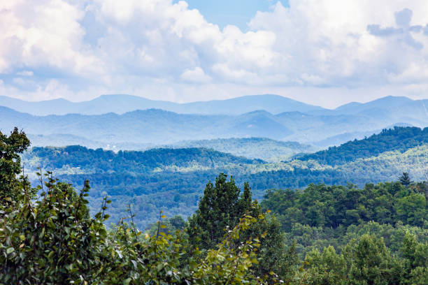 niesamowity widok na balkon na pasmo great smoky mountain w północnej karolinie w sezonie letnim.  great smoky mountains zaczynają się wzdłuż granicy tennessee i karoliny północnej, a stamtąd kierują się na północny wschód w południowo-wscho - mountain mountain range north carolina blue zdjęcia i obrazy z banku zdjęć