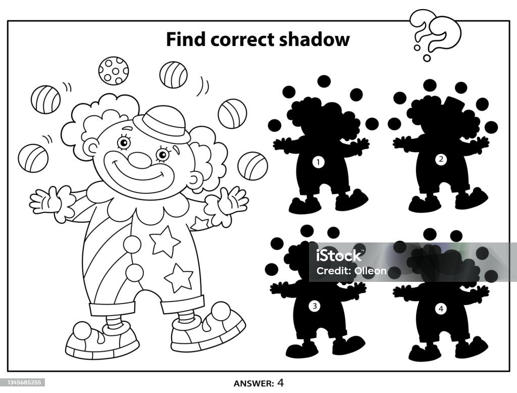 Vetores de Jogo De Quebracabeças Para Crianças Encontre A Sombra Correta  Desenho Página Contorno Do Palhaço De Circo De Desenho Animado Com Bolas  Coloridas Livro De Colorir Para Crianças e mais imagens