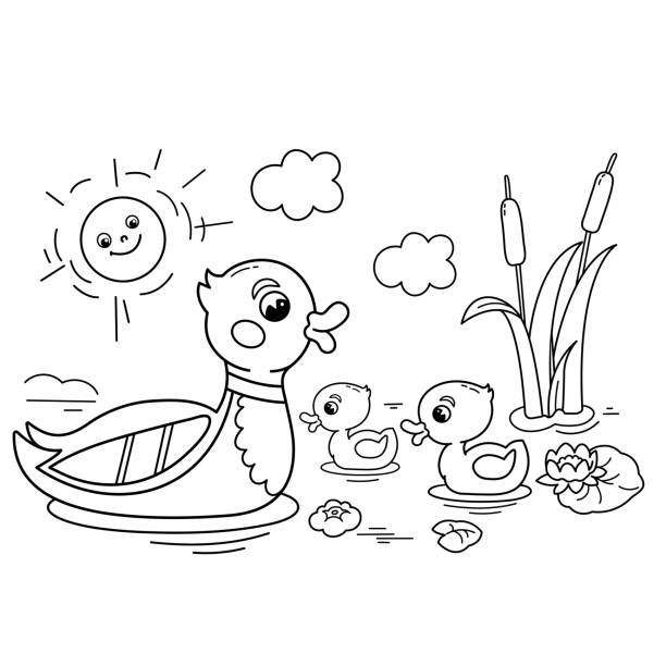 Coloring Page Outline Of Cartoon Duck With Ducklings On The Pond Farm  Animals Birds Coloring Book For Kids Stock Illustration - Download Image  Now - iStock