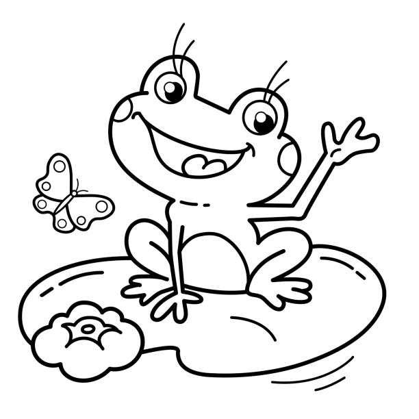 ilustraciones, imágenes clip art, dibujos animados e iconos de stock de dibujo para colorear esquema de dibujos animados rana alegre en nenúfar con mariposa. libro para colorear para niños. - frog lily pond water