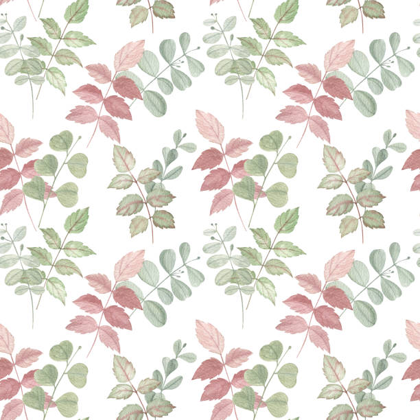 Foliate seamless pattern with eucalyptus and roses leaves. Elegant watercolor hand drawn element on white background. For farmhouse style, cottagecore aesthetic, and other cute decorative styles. cottagecore stock illustrations