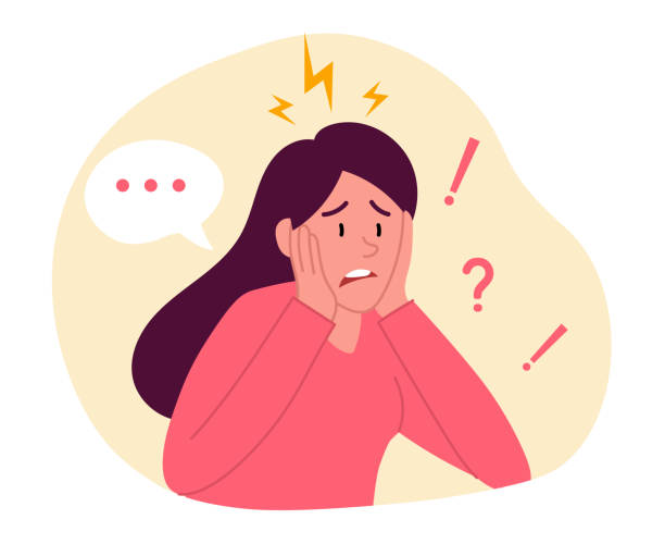 Frustrated woman talks about problem Frustrated woman talks about problem. Female character can not find solution and asks for help. Stress due to burning deadlines. Cartoon modern flat vector illustration isolated on white background embarrassed stock illustrations