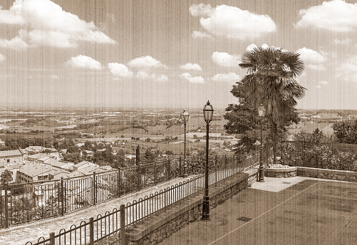 The present a provincial landscape of Tuscany, Italy, Europe. Old style, sepia