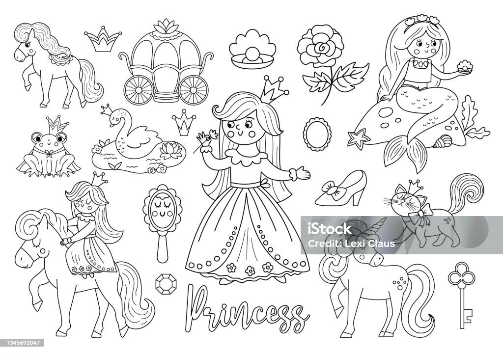 Pohádková kolekce černobílých princezn. Velká linie vektorová sada fantasy dívky, kočár, mořská panna, jednorožec žába princ, labuť. Středověká pohádková služka balíček nebo omalovánka - Bez autorských poplatků Princeznu vektorové obrázky Pohádková kolekce černobílých princezn. Velká linie vektorová sada fantasy dívky, kočár, mořská panna, jednorožec žába princ, labuť. Středověká pohádková služka balíček nebo omalovánka - Bez autorských poplatků Princeznu vektorové obrázky