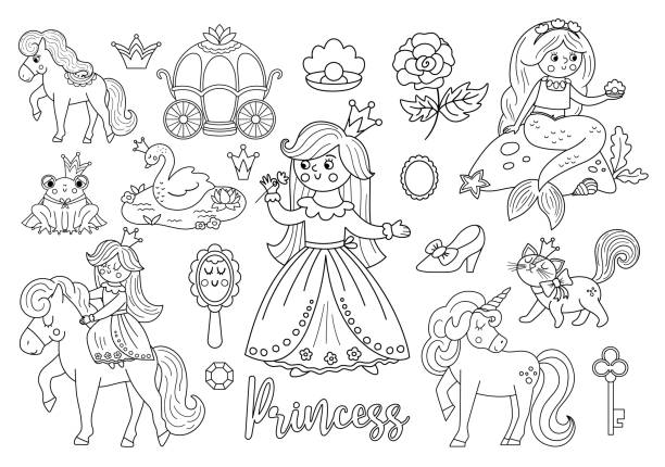 ilustrações de stock, clip art, desenhos animados e ícones de fairy tale black and white princess collection. big line vector set of fantasy girl, carriage, mermaid, unicorn frog prince, swan. medieval fairytale maid pack or coloring page - royal baby