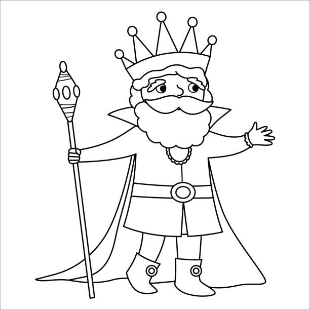 märchenhafter schwarz-weißer könig mit zepter. vektorlinie fantasy monarch in krone und mantel. mittelalterlicher märchenprinzencharakter. cartoon magic sovereign icon oder malvorlage - royal baby stock-grafiken, -clipart, -cartoons und -symbole