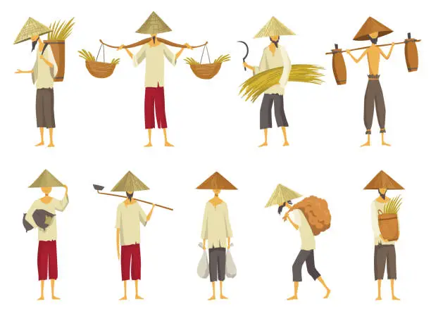 Vector illustration of Collection of asian farmers in straw conical hata. Asia rural culture. Chinese farmers carrying yields rice harvest on his shoulders and in hands. Vector cartoon illustration
