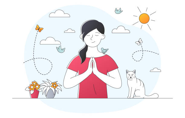 ilustrações, clipart, desenhos animados e ícones de garota medita na natureza - yoga lotus zen like buddhism
