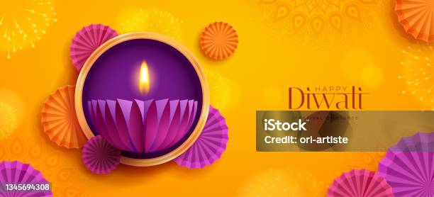 Happy Diwali Paper Graphic Of Indian Diya Oil Lamp Design With Round Border Frame On Indian Festive Theme Big Banner Background The Festival Of Lights Stock Illustration - Download Image Now