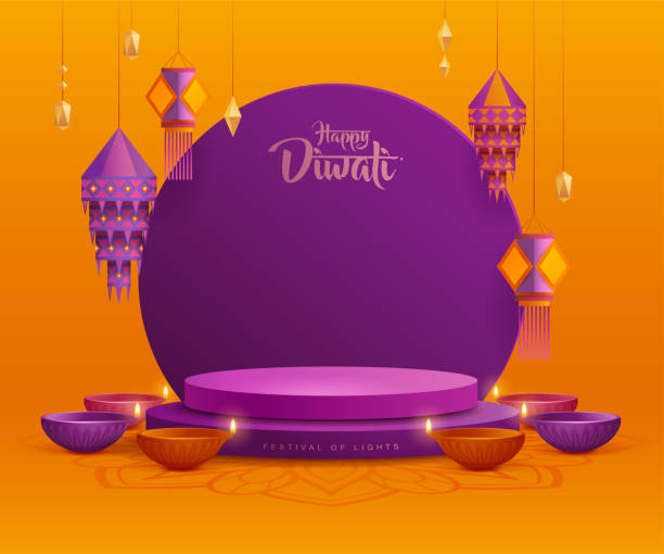 3d-illustration der podiumsbühnenszene mit indischer diwali diya öllampe und papiergrafik indische laterne auf runder leerkarte. das festival der lichter. - diwali lights stock-grafiken, -clipart, -cartoons und -symbole