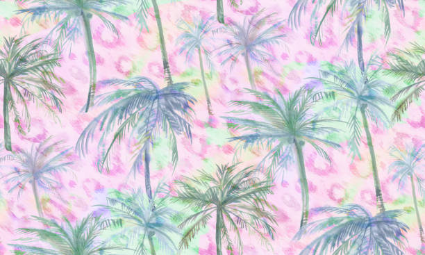 Pale multicolored watercolor botanical tropical seamless bright beach pattern with coconut trees Pale multicolored watercolor botanical tropical seamless bright beach pattern with coconut trees and animal design elements. Blur watercolor painting for fashion textiles and surface design animal seamless stock illustrations