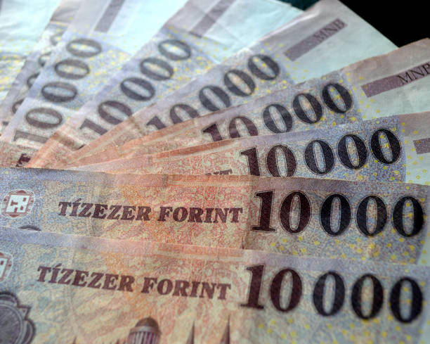 Close-up of Hungarian forint coins scattered on a wooden table, copy space background.